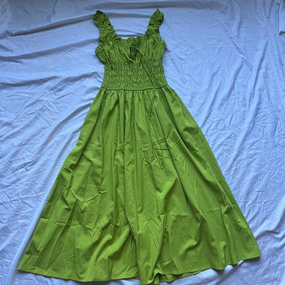 SOLD TIANTIAN Shirred Midi Green Dress